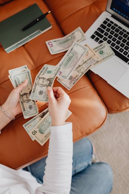 Freelancer managing money, balancing fluctuating income streams.